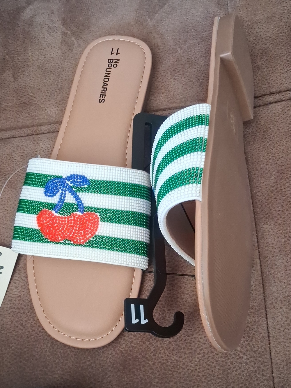No Boundaries Green & White Stripe Cherry Slide Sandals Size 11